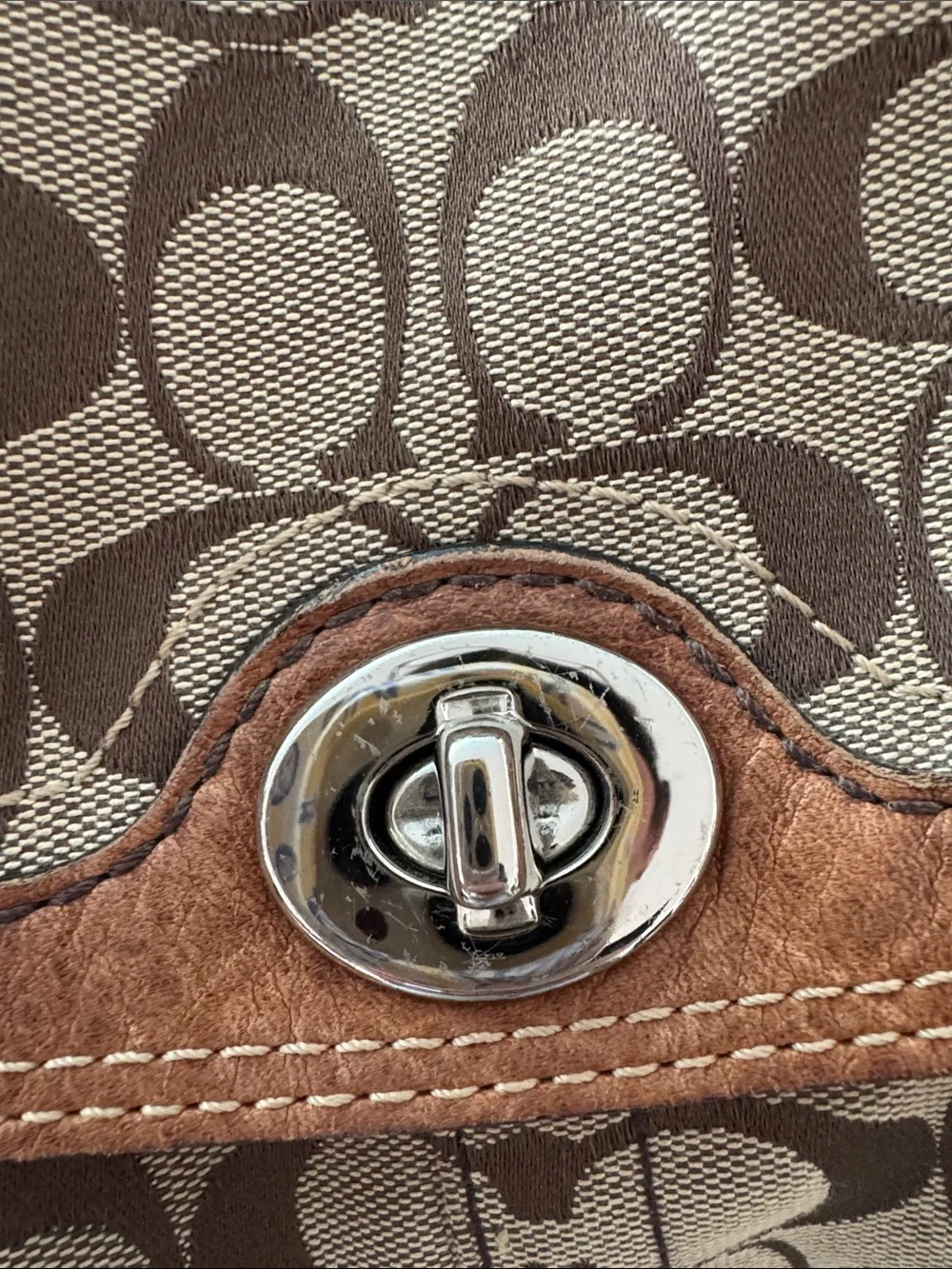 Coach Brown Signature Canvas Shoulder Bag with Tan Leather Trim